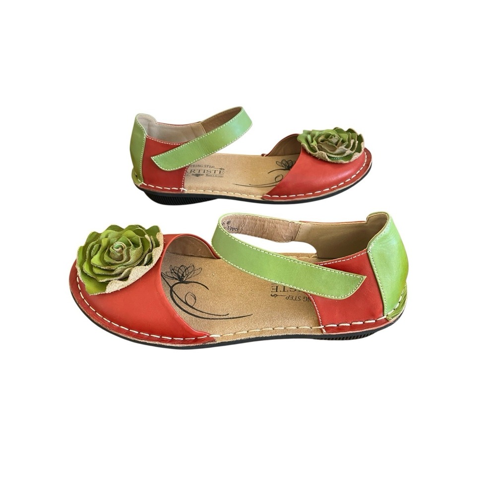 L'Artiste Spring Step Caicos Leather Flower Sandals Coral Red Green EU 40 Boho